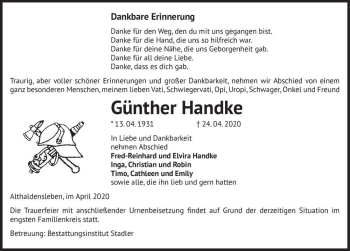 Traueranzeige von Günther Handke  von Magdeburger Volksstimme