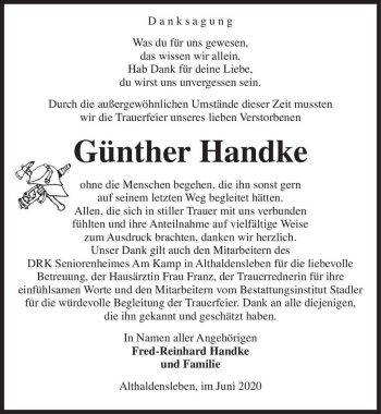 Traueranzeige von Günther Handke  von Magdeburger Volksstimme