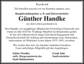 Traueranzeige von Günther Handke  von Magdeburger Volksstimme