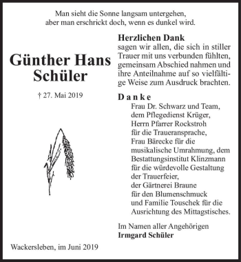 Traueranzeige von Günther Hans Schüler  von Magdeburger Volksstimme