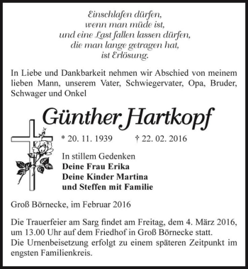 Traueranzeige von Günther Hartkopf  von Magdeburger Volksstimme