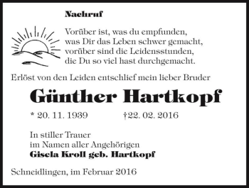 Traueranzeige von Günther Hartkopf  von Magdeburger Volksstimme