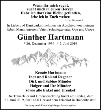 Traueranzeige von Günther Hartmann  von Magdeburger Volksstimme