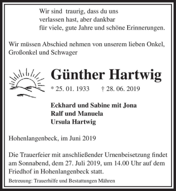 Traueranzeige von Günther Hartwig  von Magdeburger Volksstimme