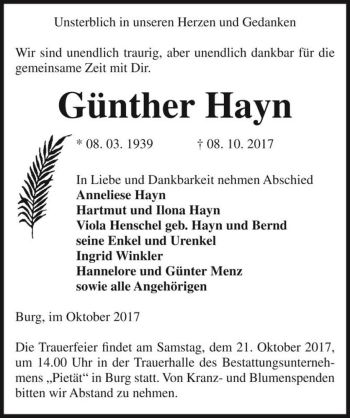 Traueranzeige von Günther Hayn  von Magdeburger Volksstimme