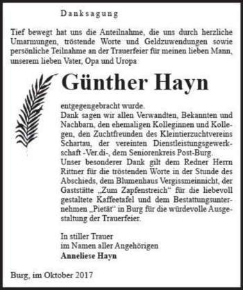 Traueranzeige von Günther Hayn  von Magdeburger Volksstimme