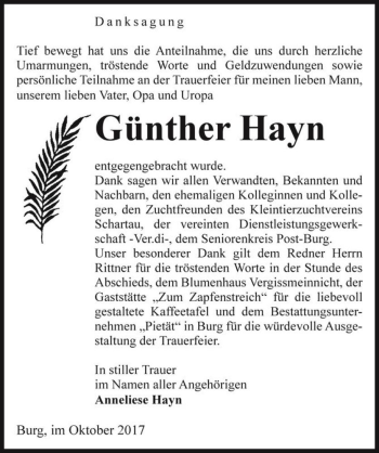 Traueranzeige von Günther Hayn  von Magdeburger Volksstimme