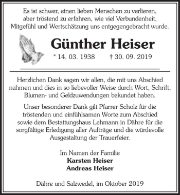 Traueranzeige von Günther Heiser  von Magdeburger Volksstimme