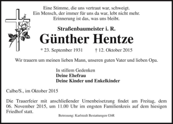 Traueranzeige von Günther Hentze  von Magdeburger Volksstimme