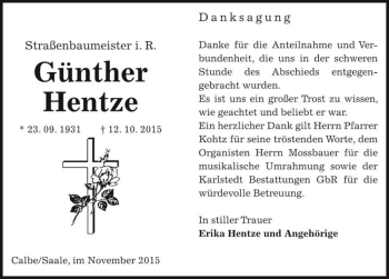 Traueranzeige von Günther Hentze  von Magdeburger Volksstimme