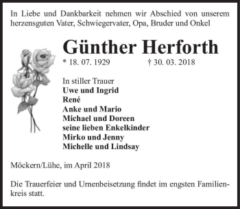 Traueranzeige von Günther Herforth  von Magdeburger Volksstimme
