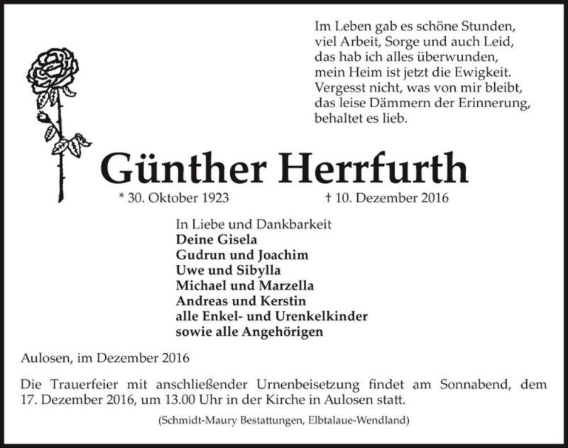  Traueranzeige für Günther Herrfurth  vom 13.12.2016 aus Magdeburger Volksstimme