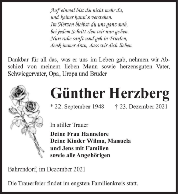 Traueranzeige von Günther Herzberg  von Magdeburger Volksstimme