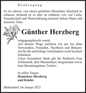 Traueranzeige von Günther Herzberg  von Magdeburger Volksstimme