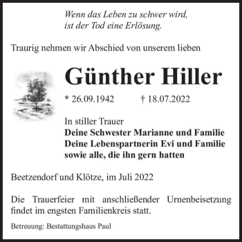 Traueranzeige von Günther Hiller  von Magdeburger Volksstimme