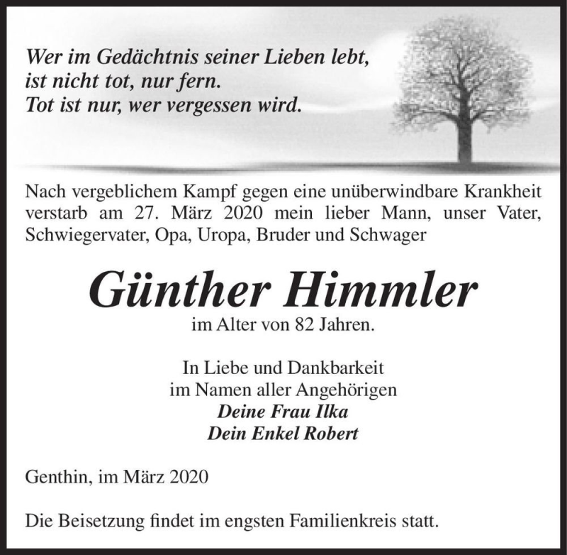  Traueranzeige für Günther Himmler  vom 31.03.2020 aus Magdeburger Volksstimme