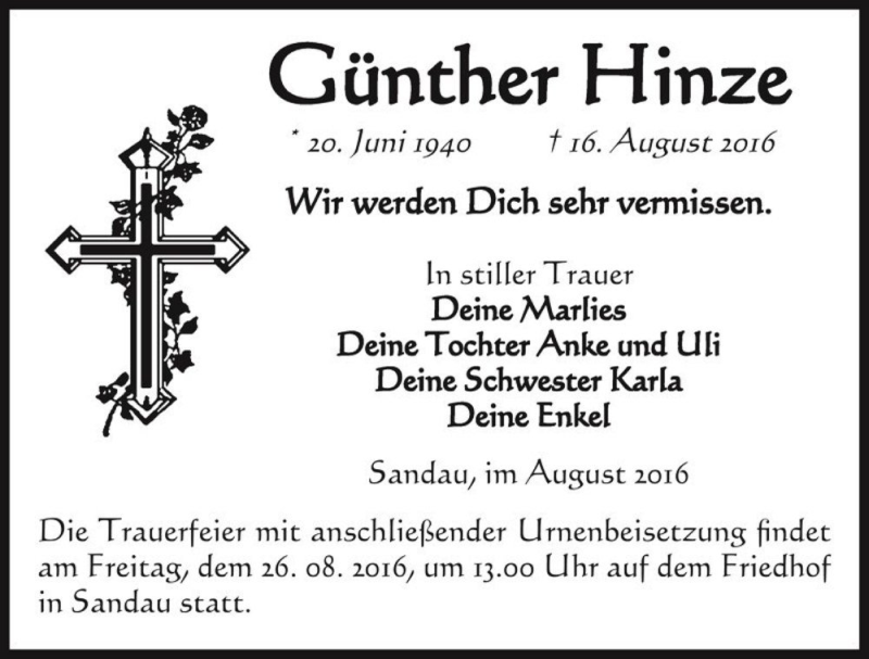  Traueranzeige für Günther Hinze  vom 20.08.2016 aus Magdeburger Volksstimme