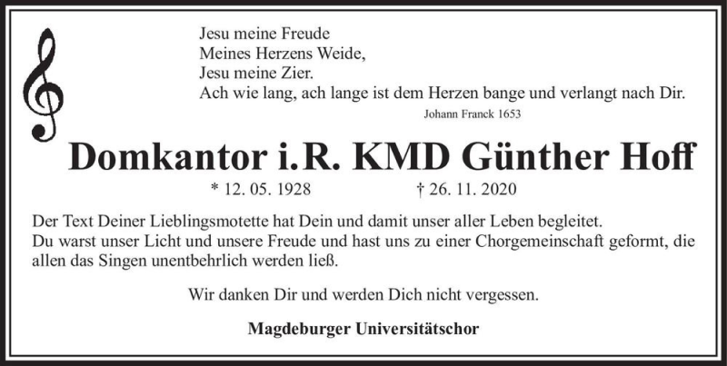  Traueranzeige für Günther Hoff  vom 05.12.2020 aus Magdeburger Volksstimme