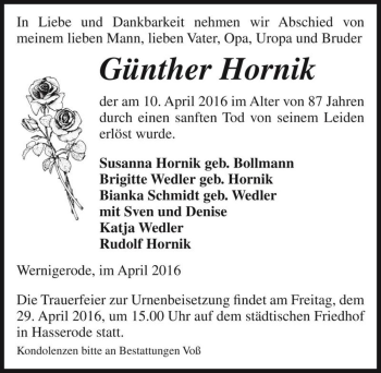 Traueranzeige von Günther Hornik  von Magdeburger Volksstimme