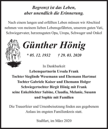 Traueranzeige von Günther Hönig  von Magdeburger Volksstimme