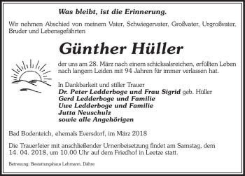 Traueranzeige von Günther Hüller  von Magdeburger Volksstimme