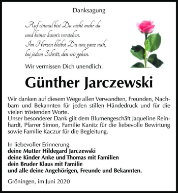 Traueranzeige von Günther Jarczewski  von Magdeburger Volksstimme
