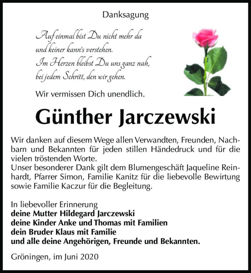  Traueranzeige für Günther Jarczewski  vom 06.06.2020 aus Magdeburger Volksstimme