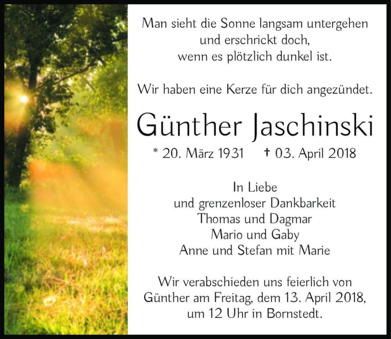  Traueranzeige für Günther Jaschinski  vom 07.04.2018 aus Magdeburger Volksstimme