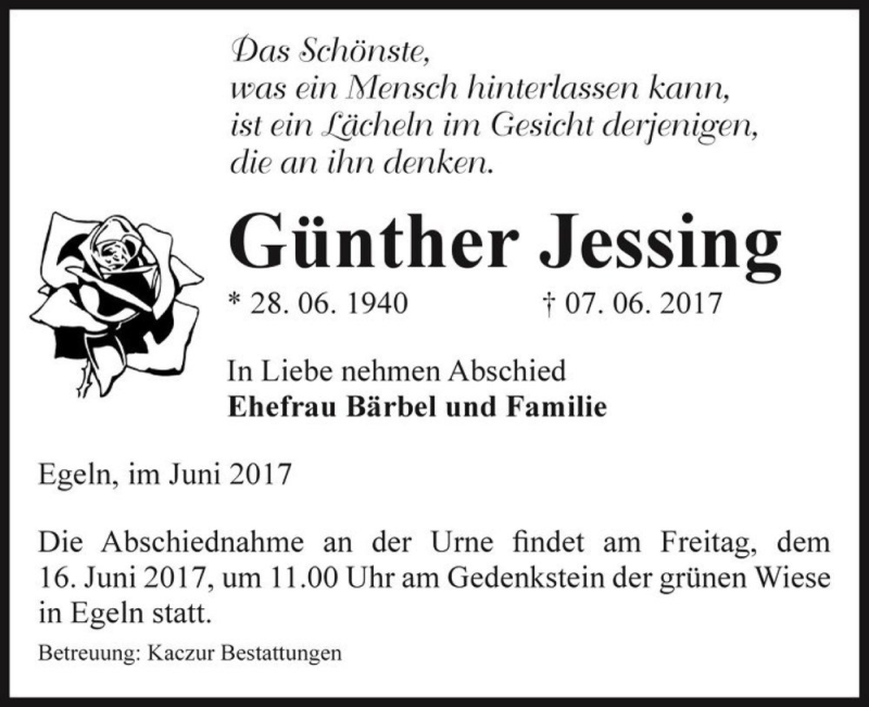  Traueranzeige für Günther Jessing  vom 13.06.2017 aus Magdeburger Volksstimme