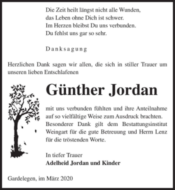 Traueranzeige von Günther Jordan  von Magdeburger Volksstimme