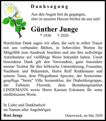 Traueranzeige von Günther Junge  von Magdeburger Volksstimme