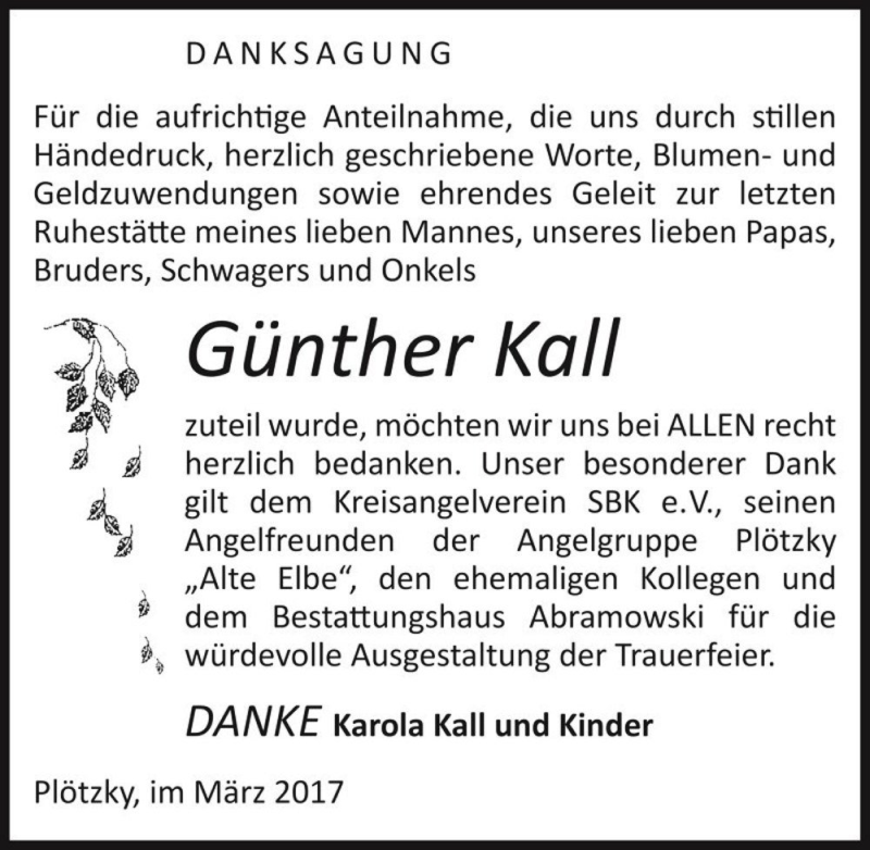  Traueranzeige für Günther Kall  vom 08.04.2017 aus Magdeburger Volksstimme