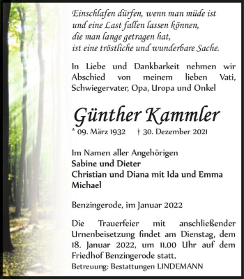 Traueranzeige von Günther Kammler  von Magdeburger Volksstimme