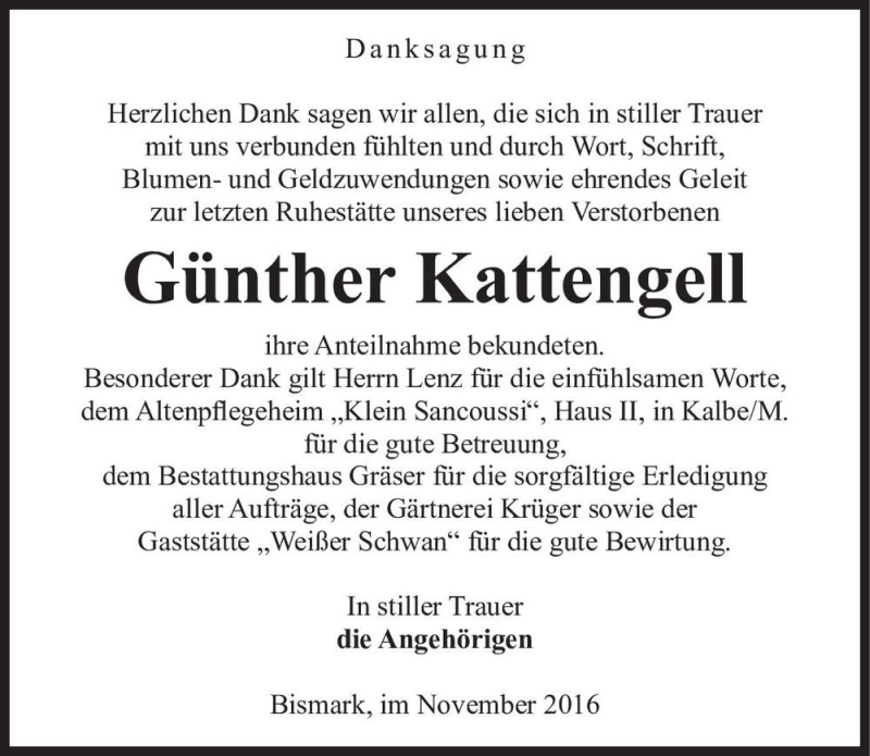 Traueranzeige für Günther Kattengell  vom 15.11.2016 aus Magdeburger Volksstimme