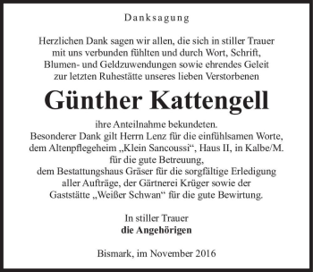 Traueranzeige von Günther Kattengell  von Magdeburger Volksstimme