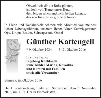 Traueranzeige von Günther Kattengell  von Magdeburger Volksstimme