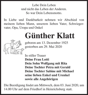 Traueranzeige von Günther Klatt  von Magdeburger Volksstimme