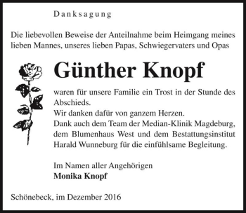 Traueranzeige von Günther Knopf  von Magdeburger Volksstimme