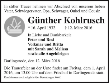 Traueranzeige von Günther Kohlrusch  von Magdeburger Volksstimme