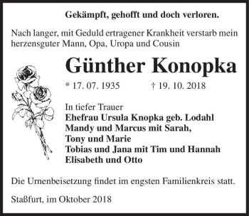Traueranzeige von Günther Konopka  von Magdeburger Volksstimme
