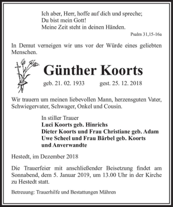 Traueranzeige von Günther Koorts  von Magdeburger Volksstimme