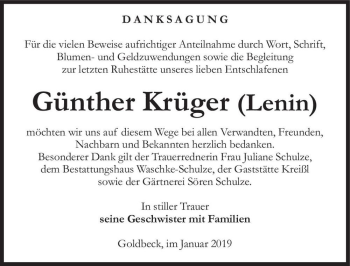 Traueranzeige von Günther Krüger (Lenin)  von Magdeburger Volksstimme