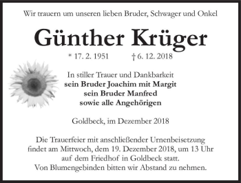 Traueranzeige von Günther Krüger  von Magdeburger Volksstimme