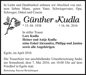 Traueranzeige von Günther Kudla  von Magdeburger Volksstimme