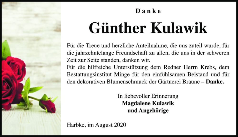  Traueranzeige für Günther Kulawik  vom 22.08.2020 aus Magdeburger Volksstimme