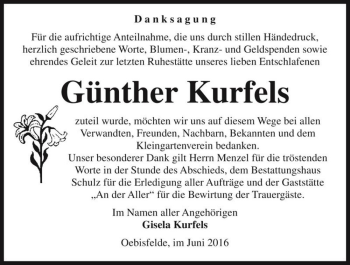 Traueranzeige von Günther Kurfels  von Magdeburger Volksstimme