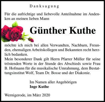Traueranzeige von Günther Kuthe  von Magdeburger Volksstimme