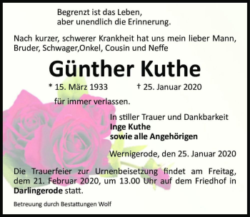 Traueranzeige von Günther Kuthe  von Magdeburger Volksstimme