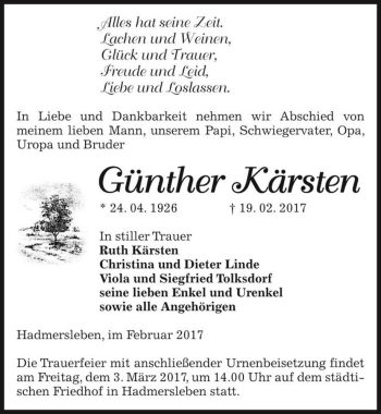 Traueranzeige von Günther Kärsten  von Magdeburger Volksstimme