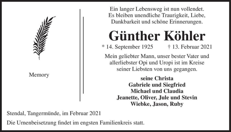  Traueranzeige für Günther Köhler  vom 18.02.2021 aus Magdeburger Volksstimme